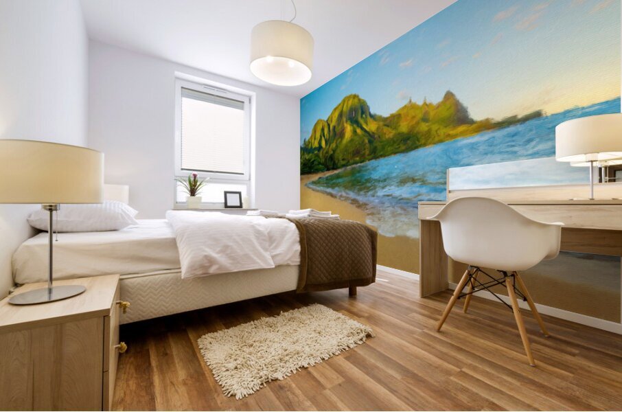 Oil painting sunrise over Tunnels Beach on Kauai in Hawaii Mural print