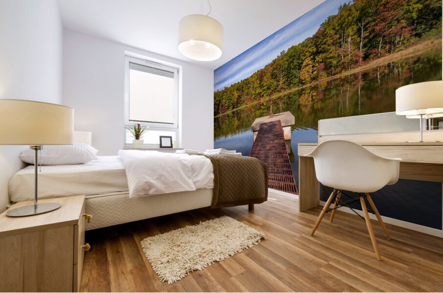 Fall leaves and metal pier in Coopers Rock State Forest in WV Impression murale