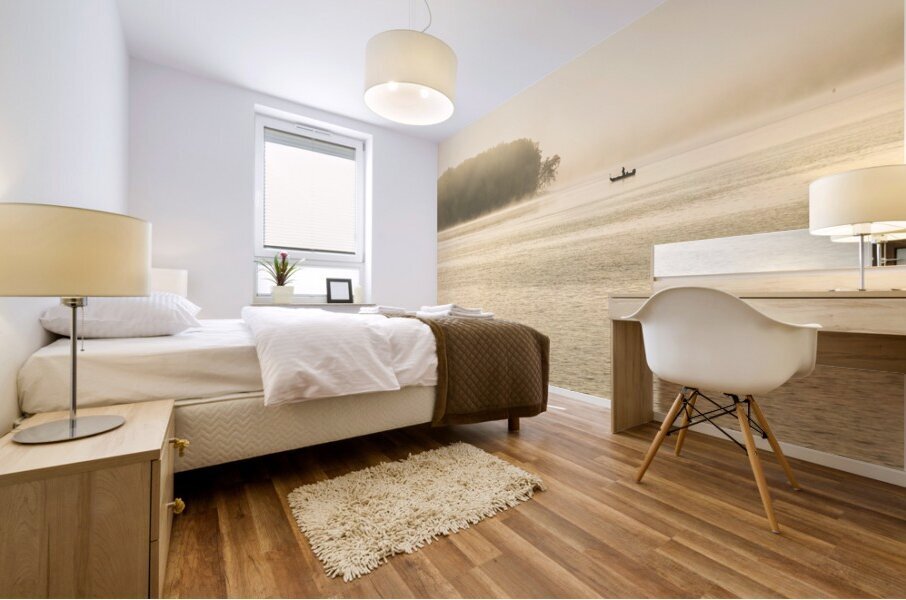 Fisherman fishing in Mississippi river on misty autumn morning Mural print