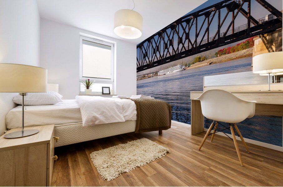 River cruise boat docked in Dubuque IA under Railroad bridge Mural print