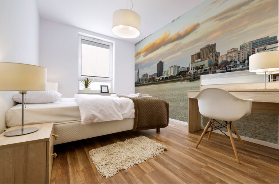 Skyline of Baton Rouge at sunset over river barges Mural print