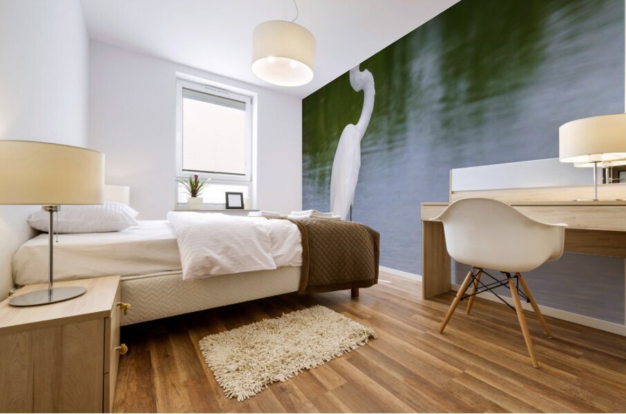 Great Egret on the stumps of bald cypress trees in Atchafalaya b Mural print