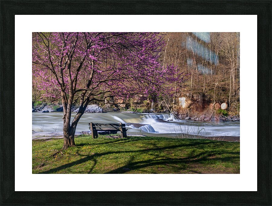 Wooden bench view of Valley Falls on spring morning Picture Frame print