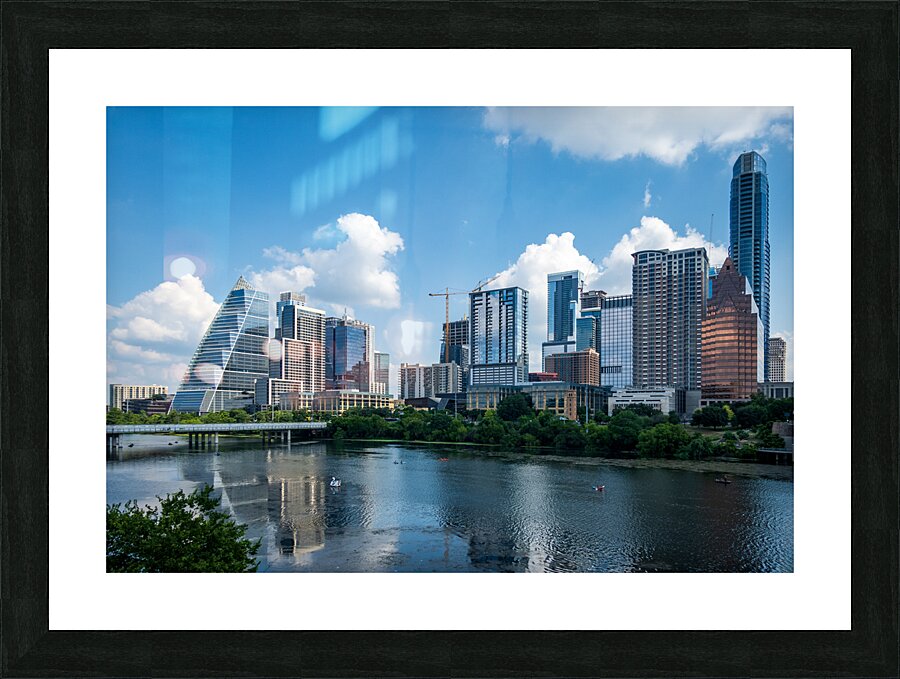 Cityscape of offices in Austin Texas across Lady Bird Lake Picture Frame print