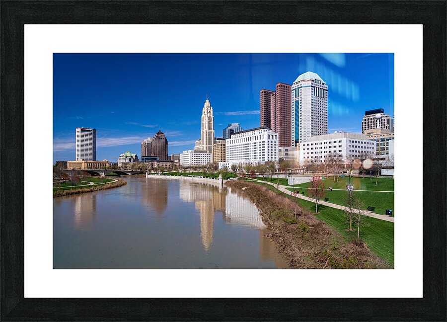 Columbus Ohio waterfront skyline after flood on river scioto Picture Frame print