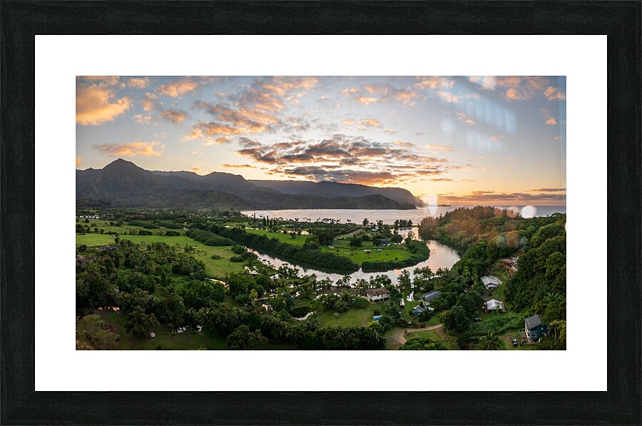 Breathtaking aerial view of sunset over Hanalei Bays verdant la Picture Frame print