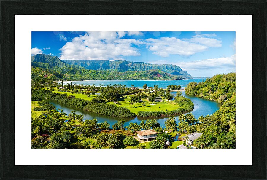 Breathtaking aerial view of Hanalei Bays verdant landscape unde Picture Frame print
