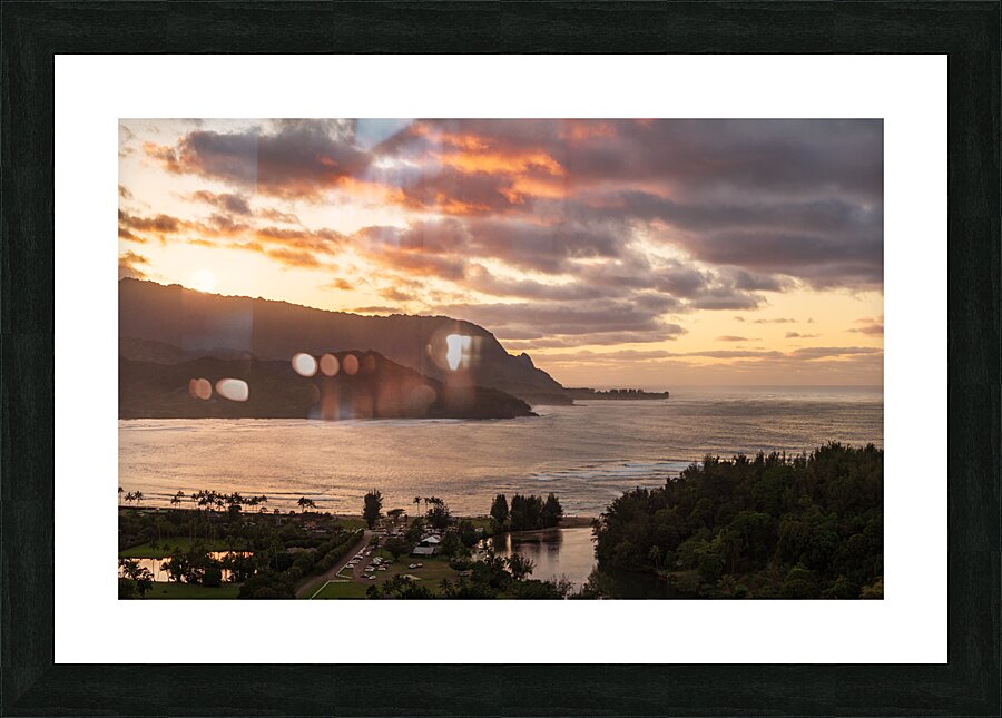 Breathtaking aerial view of sunset over Hanalei Bay landscape in Picture Frame print