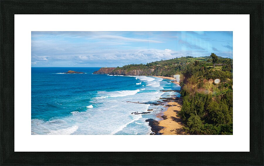 Overhead view of Kauapea or Secret beach to Kilauea lighthouse Picture Frame print