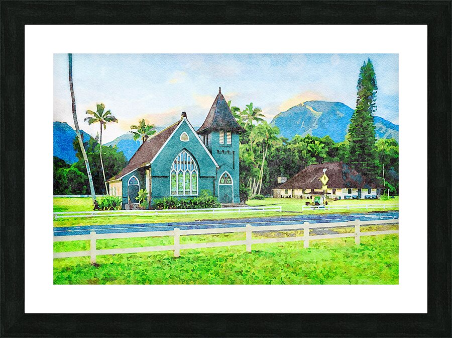 Waioli Huiia Church stands in Hanalei Kauai in watercolor Picture Frame print