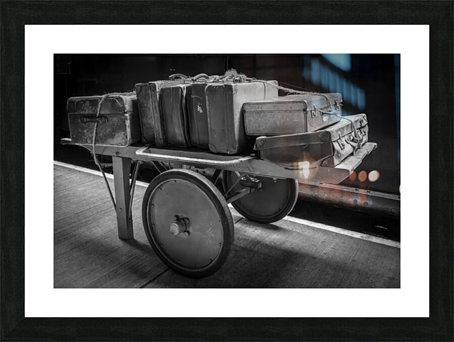 Historic antique luggage cart with retro leather suitcases and t Picture Frame print