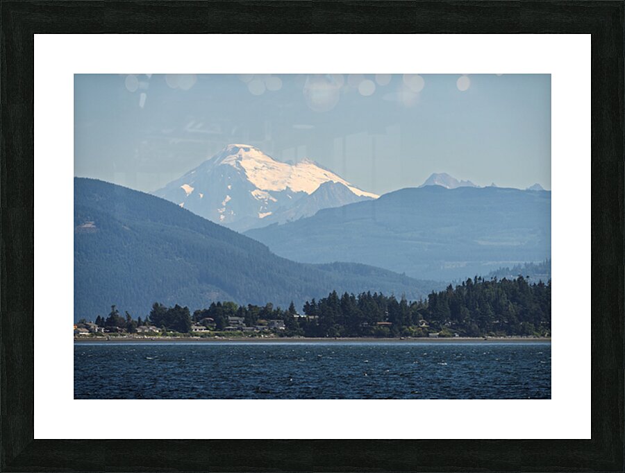 Shades of blue with Mt Baker in misty distance behind Samish Isl Picture Frame print