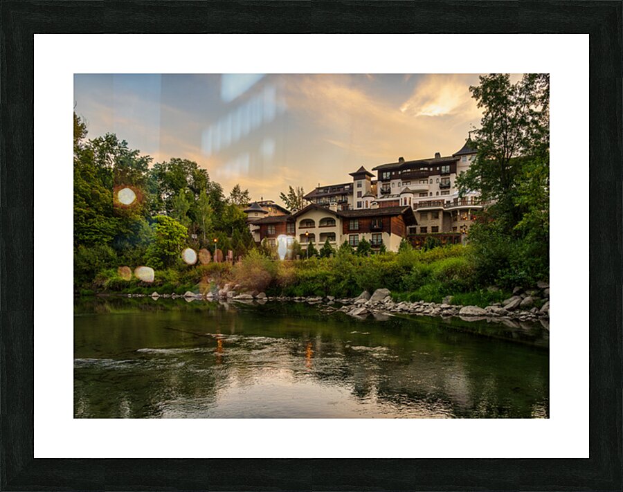 Hotel at dawn by River Wenatchee in Alpine German town of Leaven Picture Frame print