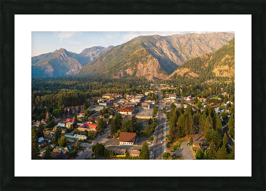 Aerial view of Leavenworth the Bavarian Alpine village in Casca Picture Frame print
