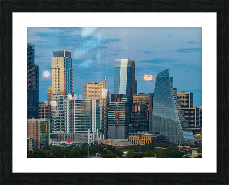 Harvest moon by Google building in Austin skyline Texas Picture Frame print