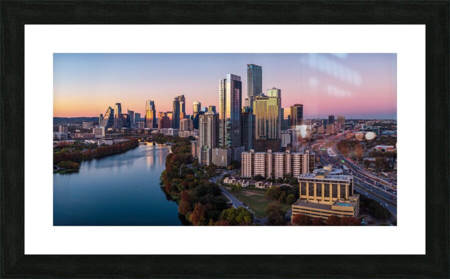 Sunset panorama of Austin Skyline and Rainey district 2026 Picture Frame print
