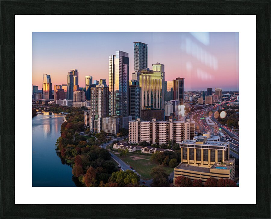 Rainey Historic district of Austin Texas aerial sunset view Picture Frame print