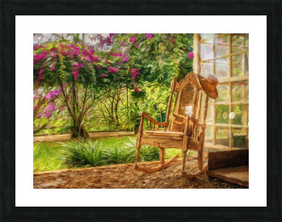 Oil painting of vintage wooden rocking chair with a straw hat re Picture Frame print