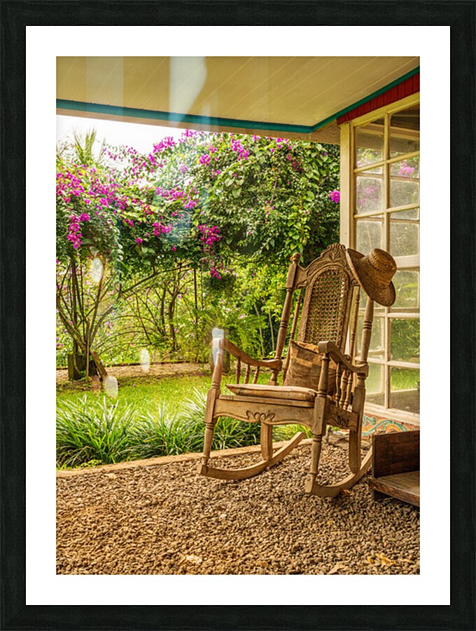 Portrait format of vintage wooden rocking chair on a porch Picture Frame print