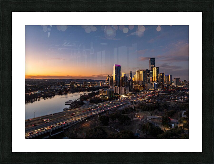 Evening over Austin downtown 2026 in aerial skyline Picture Frame print