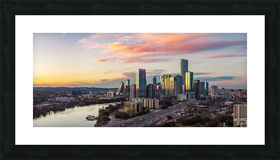Wide panorama 2026 Austin skyline at sunset Picture Frame print
