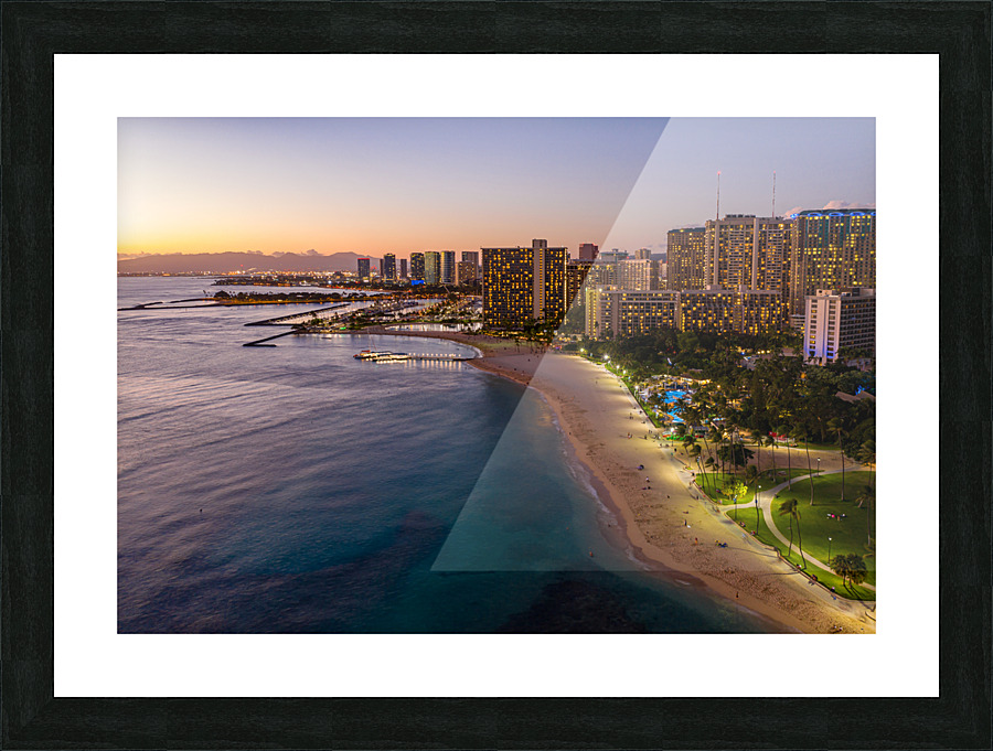 Aerial view of Waikiki beach at sunset Picture Frame print