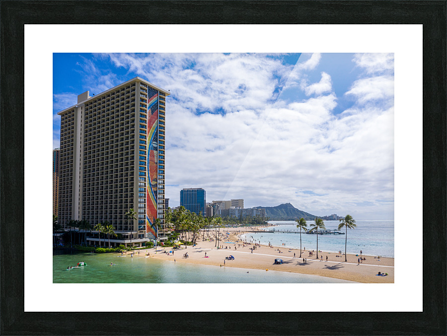 Hilton Hawaiian Village frames the shore in Waikiki Hawaii Picture Frame print
