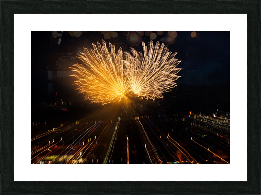 Abstract treatment of fireworks over Pittsburgh Picture Frame print