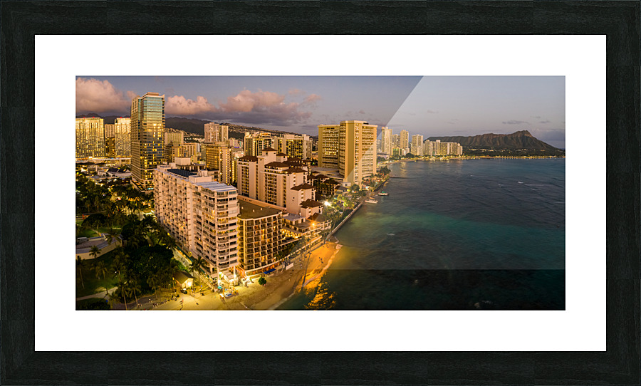 Aerial view of Waikiki beach towards Diamond Head at sunset  Picture Frame print