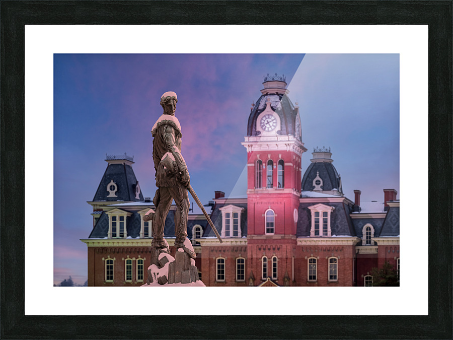 Mountaineer statue against Woodburn Hall tower Picture Frame print