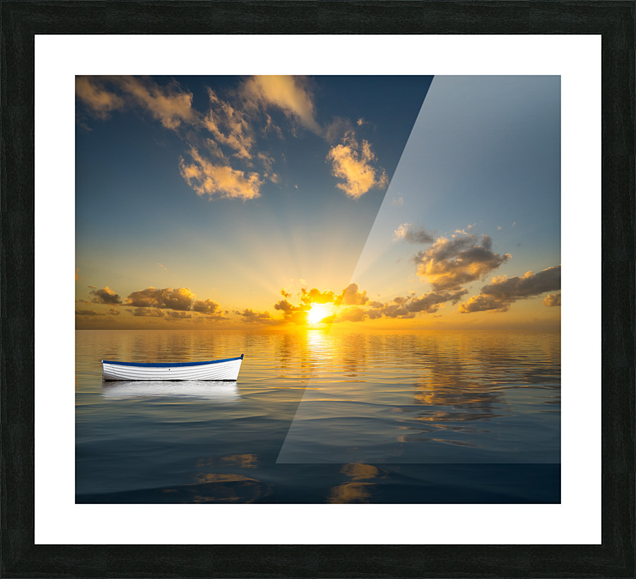 White rowing boat adrift on open ocean drifting to sunset Picture Frame print