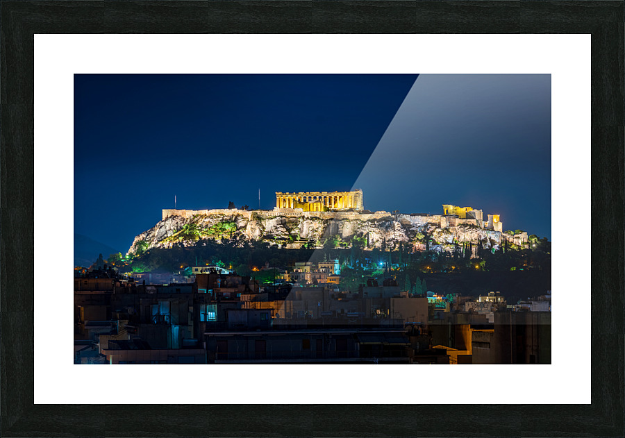 Acropolis hill rises above Athens apartments Picture Frame print