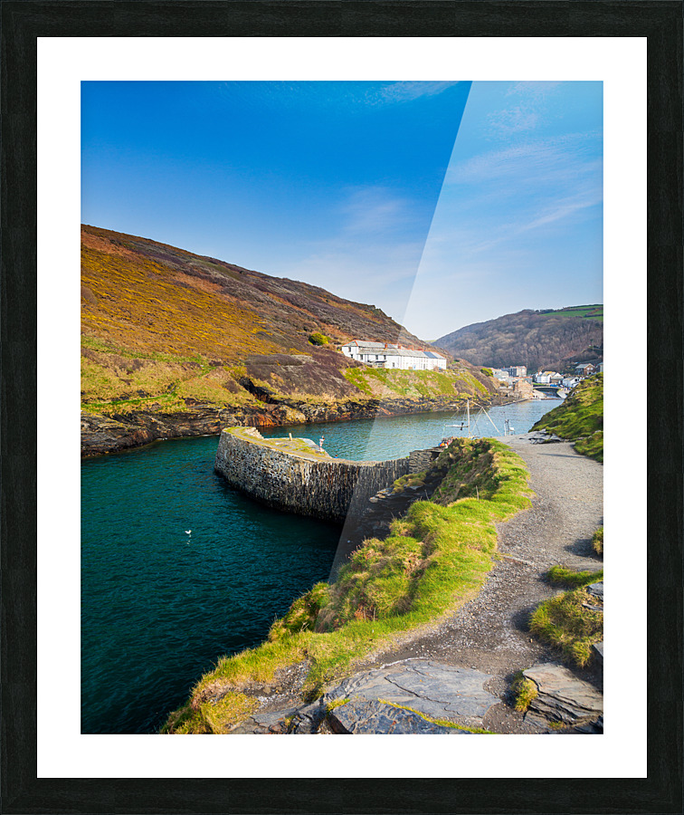 Narrow path in front of colorful harbor in Boscastle Picture Frame print
