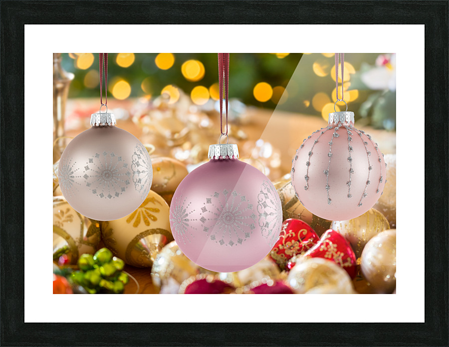 Three Christmas decorations on strings Picture Frame print