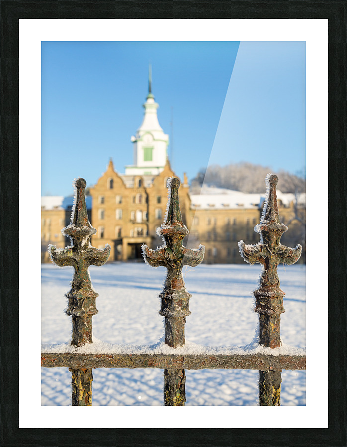 Railings in snow outside Weston Asylum Picture Frame print