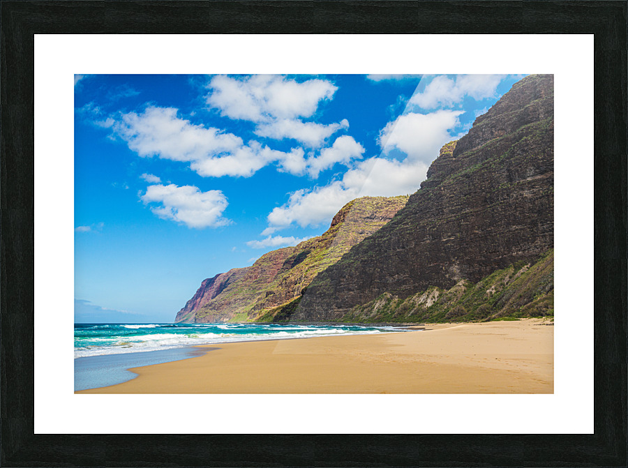 Empty sand and cliffs Polihale beach Picture Frame print