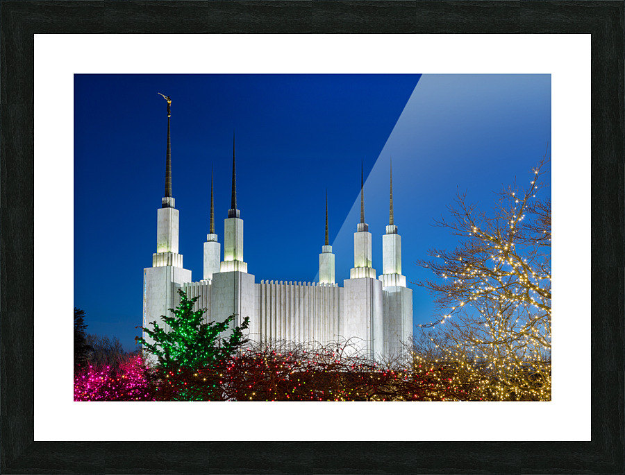 Mormon temple in Washington DC with xmas lights Picture Frame print