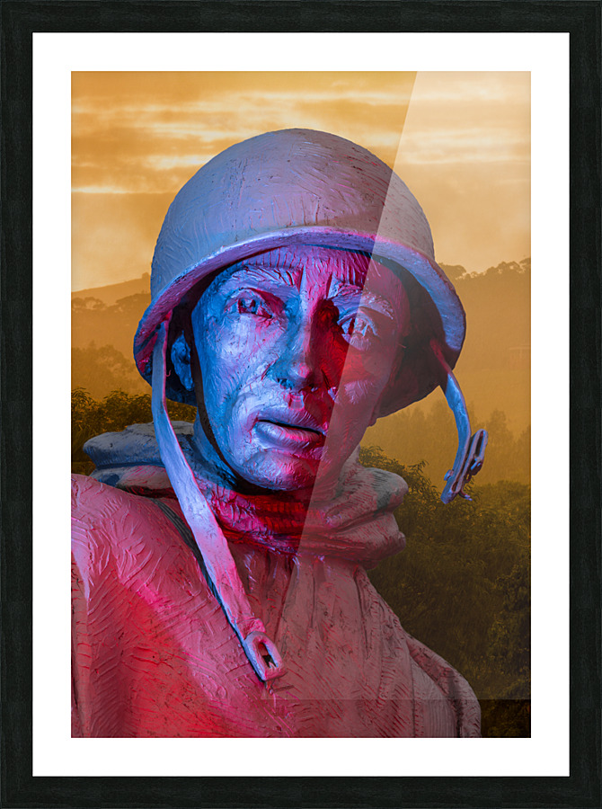 Close up of head of soldier statue in jungle Picture Frame print