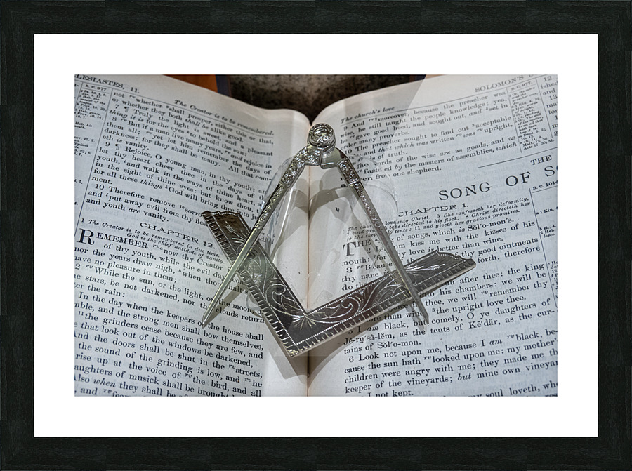 Silver square and compass on Bible for Freemasons Picture Frame print