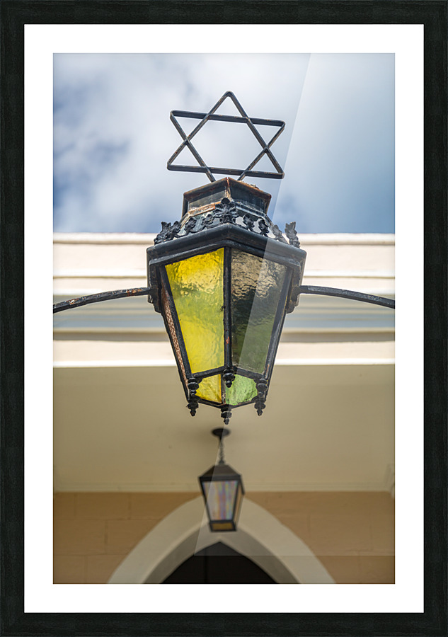 Antique lamp at entrance to synagogue Picture Frame print