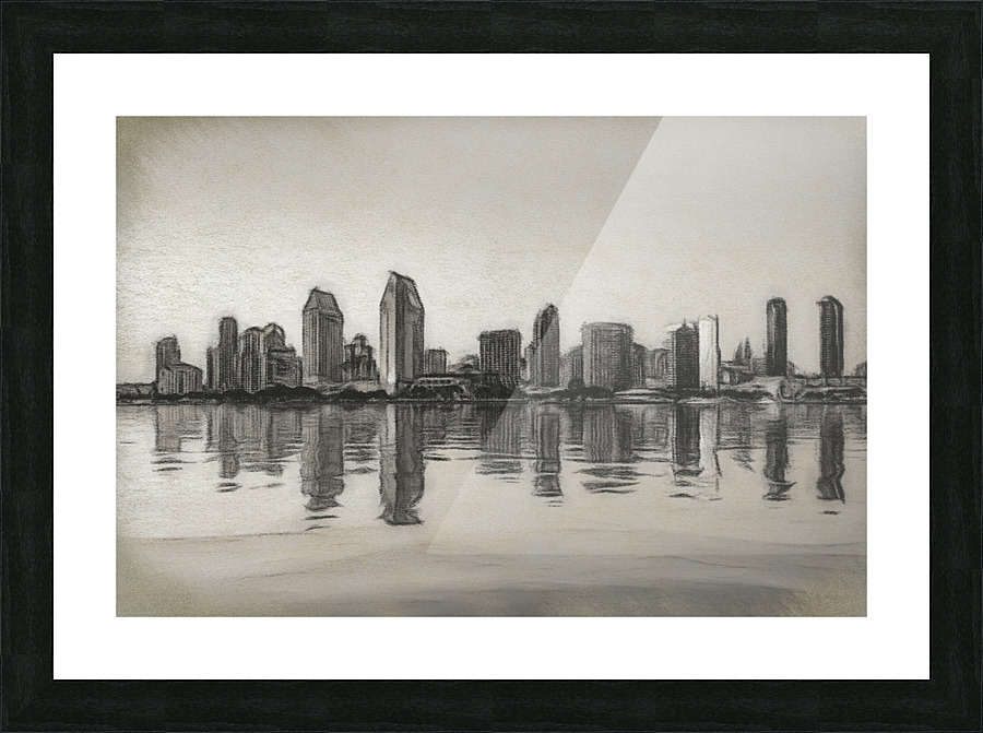 Charcoal San Diego Skyline at sunset from Coronado Picture Frame print