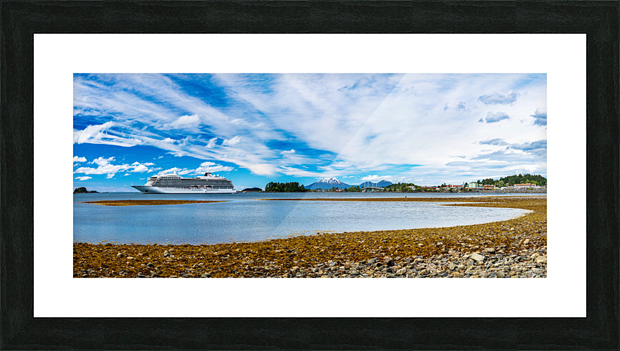 Mt Edgecumbe rises above Sitka with Viking cruise ship anchored Picture Frame print