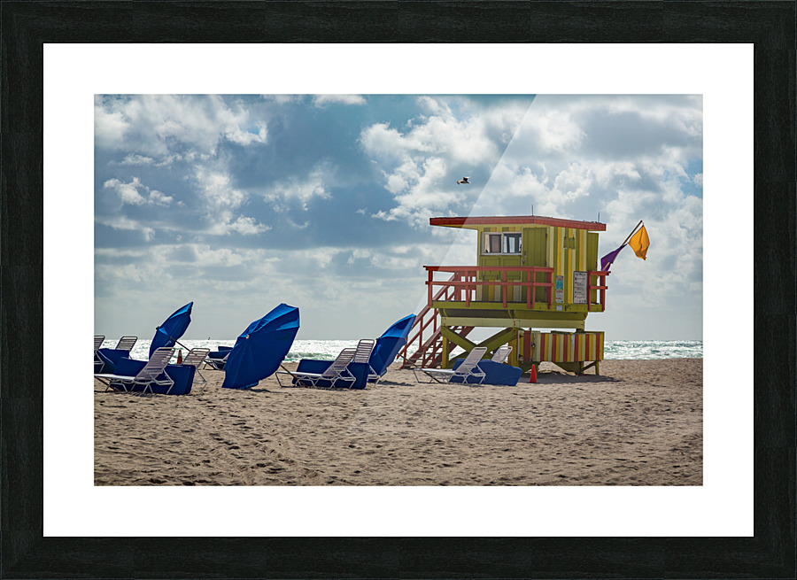 Yellow and green lifeguard station on Miami beach Picture Frame print
