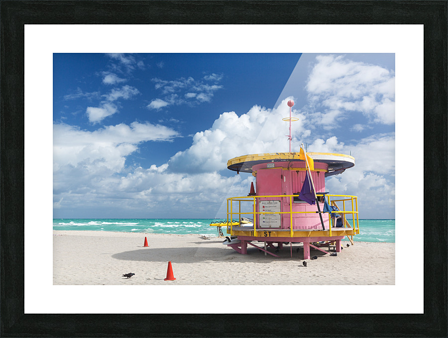 Round pink lifeguard station on Miami beach Picture Frame print