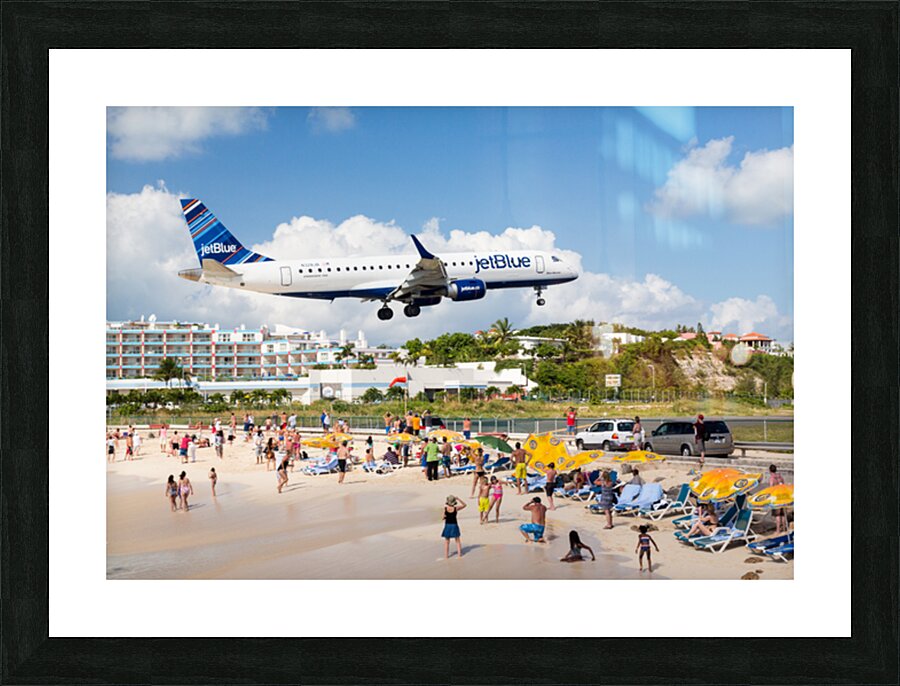Jet Blue Airplane lands at Princess Juliana airport St Martin Picture Frame print