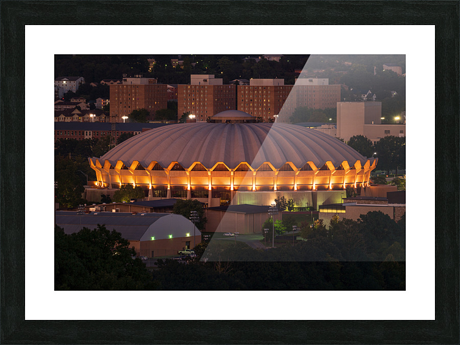 Illuminted Coliseum at WVU at dusk Picture Frame print