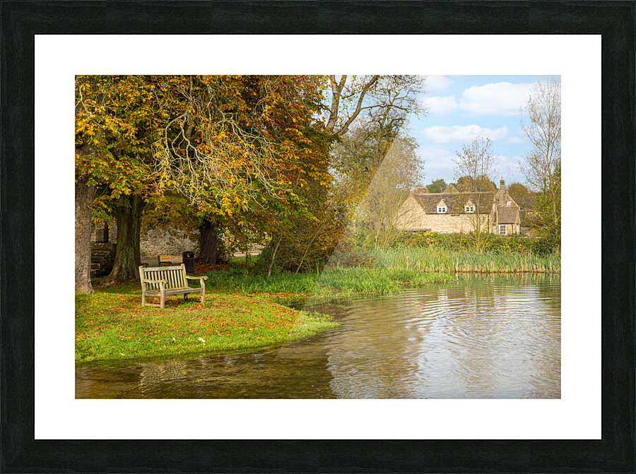 Seat overlooking deep ford in Shilton Oxford Picture Frame print