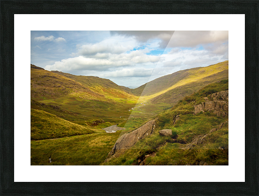 View through moorland valley from HardKnott Pass Picture Frame print