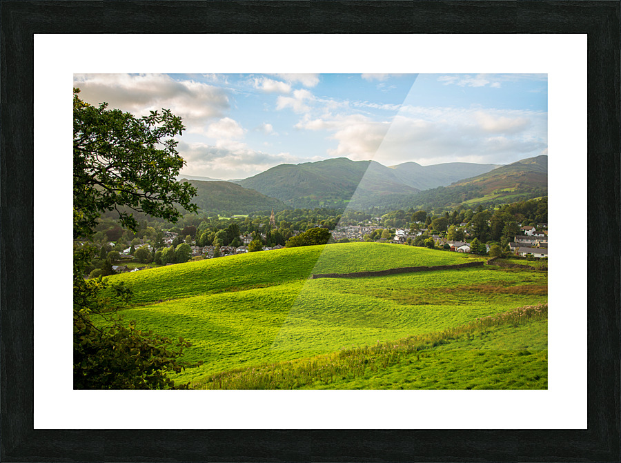 View over fields to Ambleside Lake District Picture Frame print