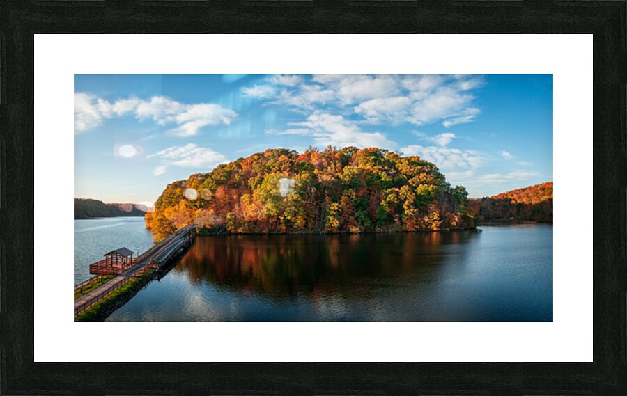 Aerial view with reflection of fall leaves in Cheat Lake Park Picture Frame print